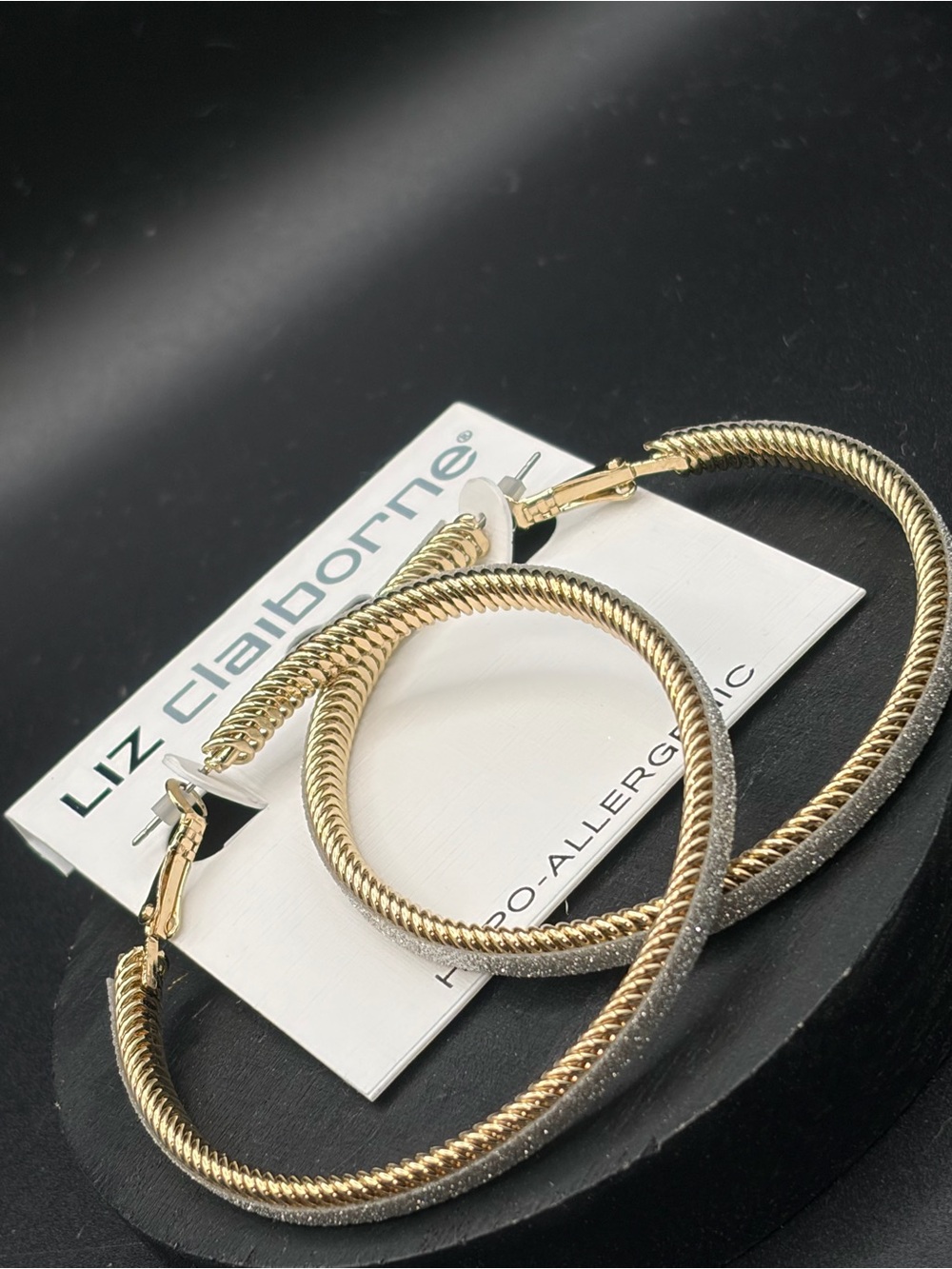 LIZ CLAIBORNE GOLD TONE HOOP EARRINGS WITH GLITTERY SILVER  NEW ON CARD